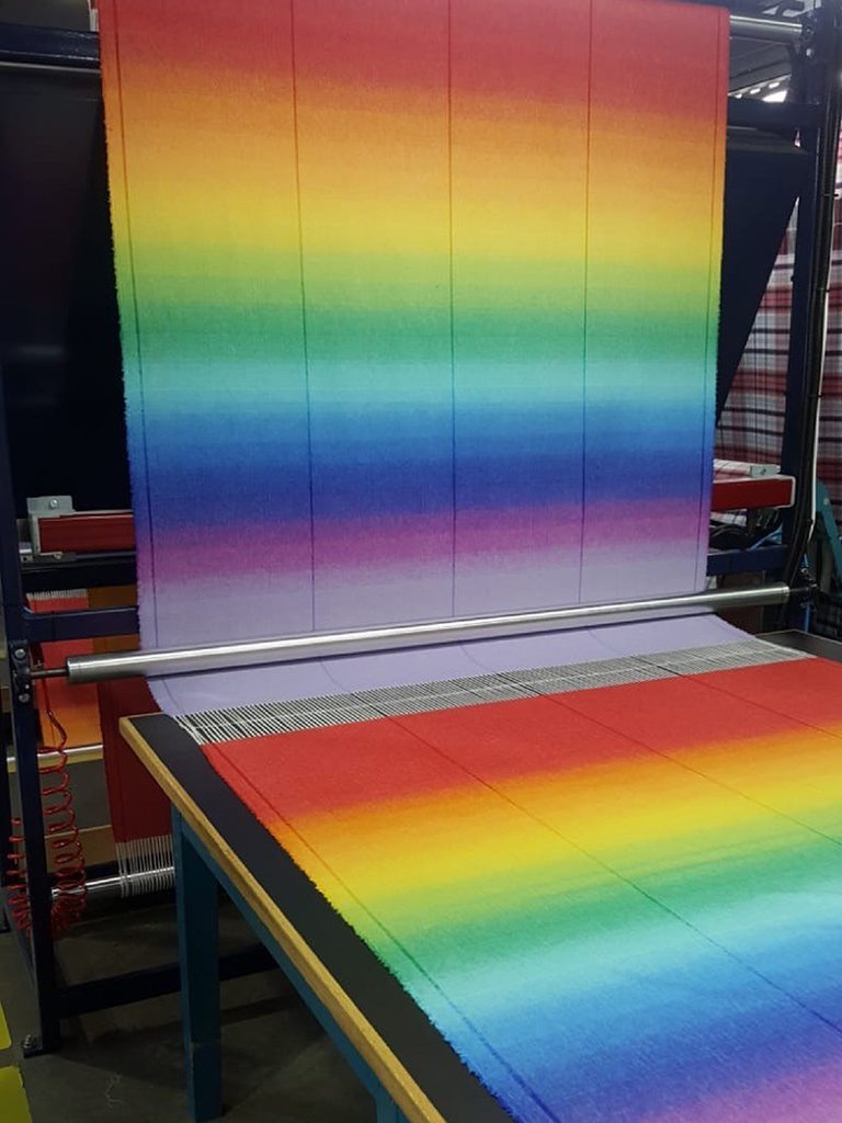 Johnstons of Elgin Rainbow Scarf on weaving loom